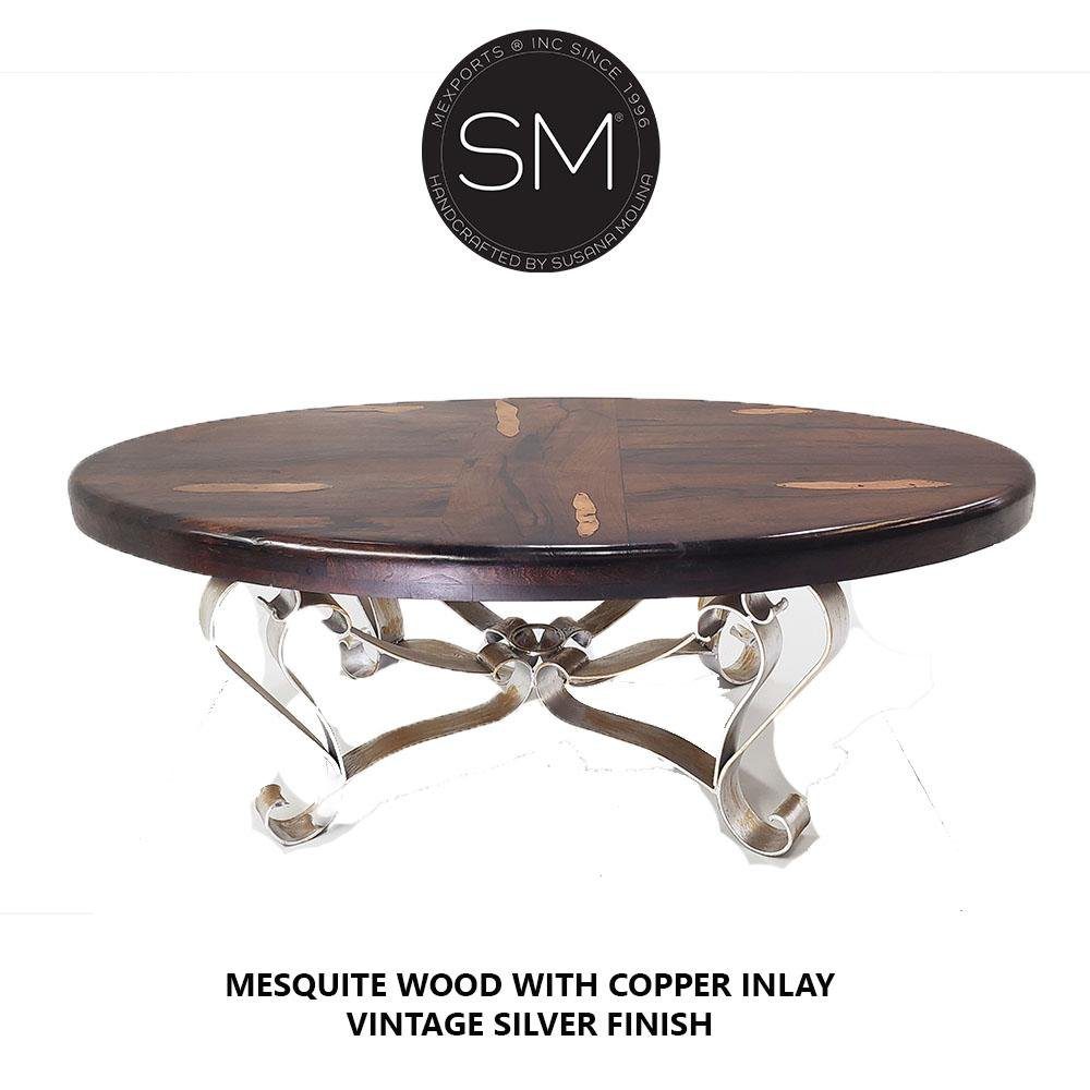 Mexports by Susana Molina 1229AAOM 60" Mesquite Wood Top Turquoise Inlay Oval Coffee Table