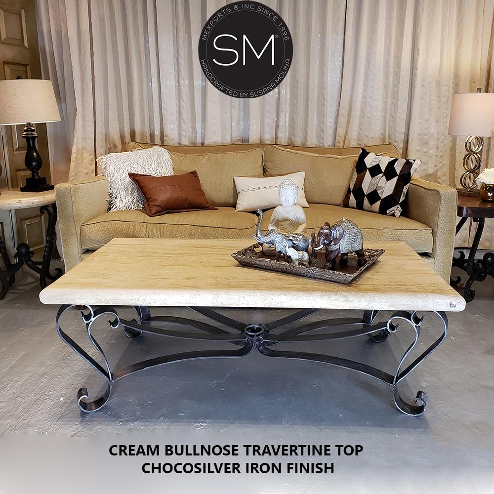 Mexports by Susana Molina 1229AAT 60" Cream Travertine Bullnose Edge Rectangular Rustic Coffee Table