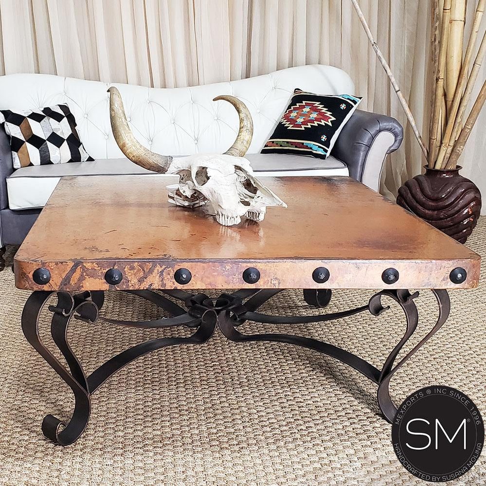 Mexports by Susana Molina 1229AC 48" Natural Hammer Copper Top With Nailheads on Edge Square Coffee Table With Iron Pedestal