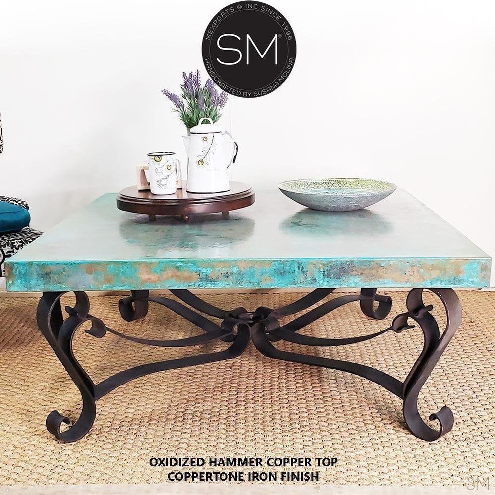 Mexports by Susana Molina 1229AC 48" Oxidized Hammer Copper Top Square Coffee Table With Iron Pedestal