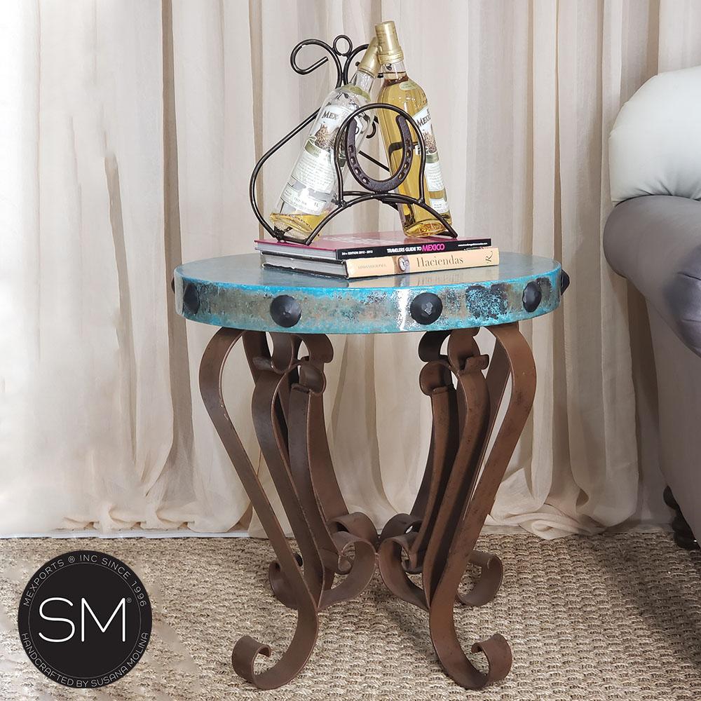 Mexports by Susana Molina 1229BBC 24" Oxidized Hammered Copper With Nailheads on Edge Round Side Table With Iron Base