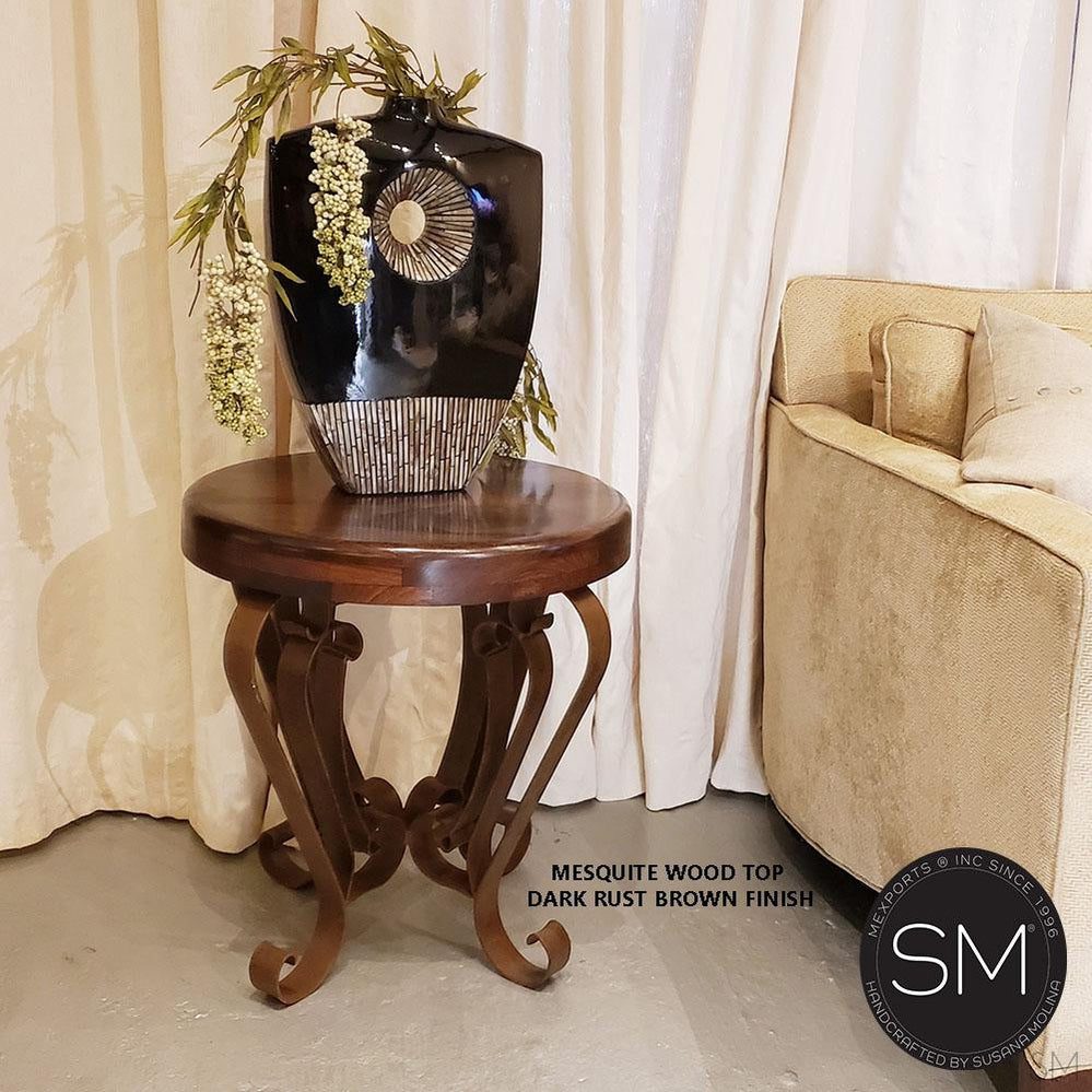 Mexports by Susana Molina 1229BBM 24" Mesquite Wood Top No Inlay With Nailheads on Edge Round Side Table