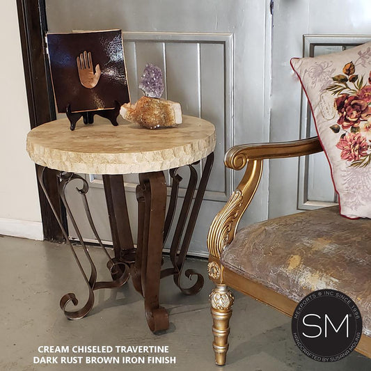 Mexports by Susana Molina 1229BBT 24" Cream Travertine Stone Top Chiseled Edge Round Side Table
