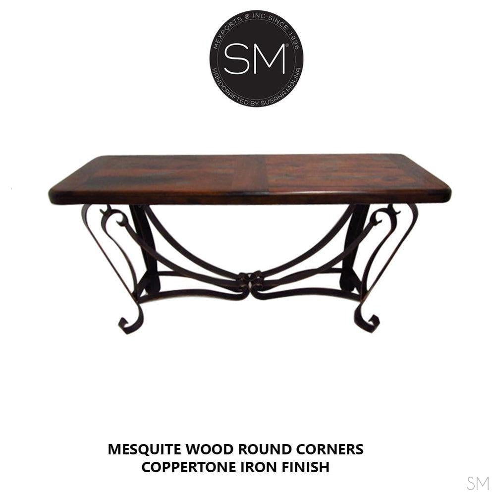 Mexports by Susana Molina 1229CM 72" Mesquite Wood Top Rounded Corners Gold Citrine Inlay With Nailheads on Edge Rectangular Console Table
