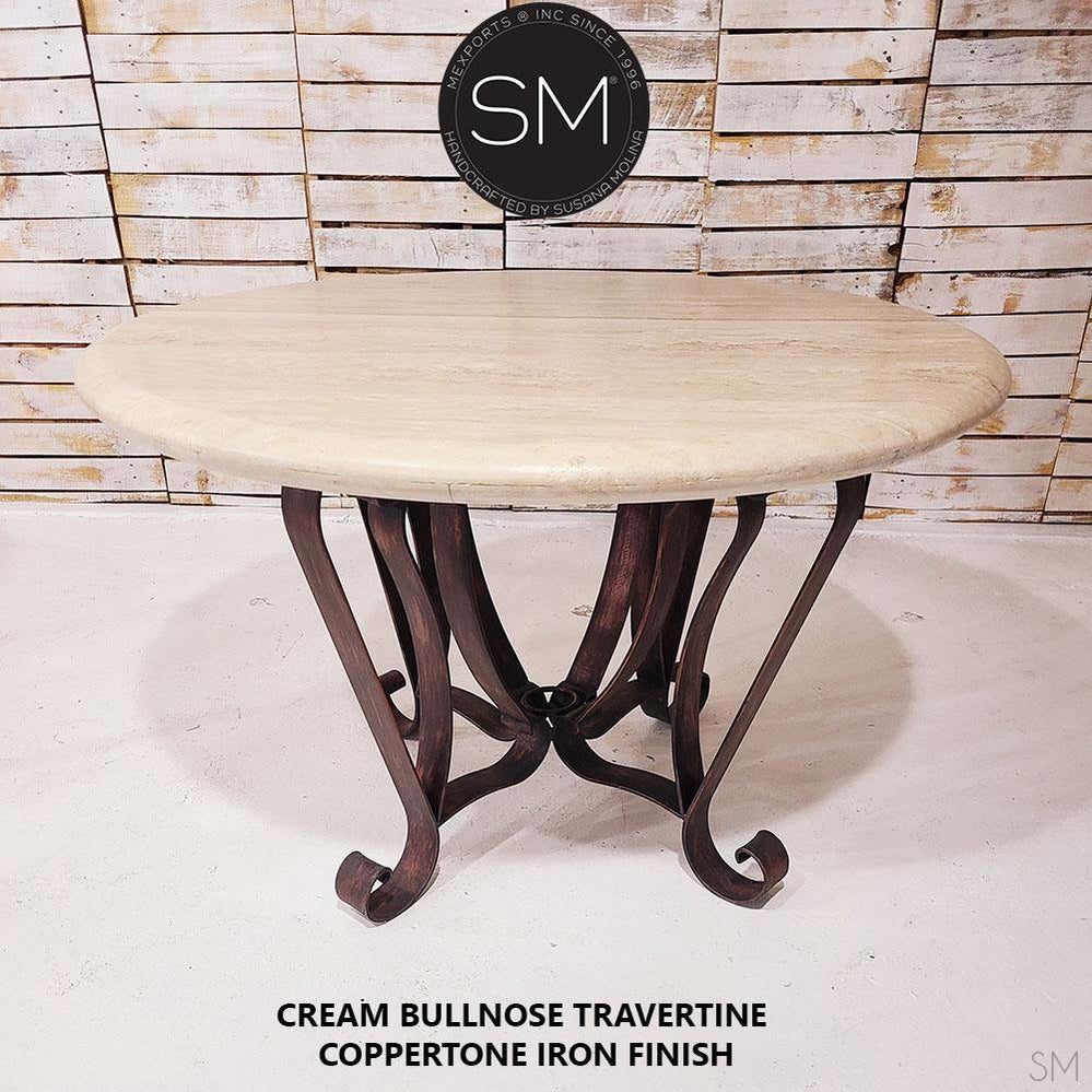 Mexports by Susana Molina 1229DT 54" Cream Travertine Stone Top Bullnose Edge Vintage Dining Table