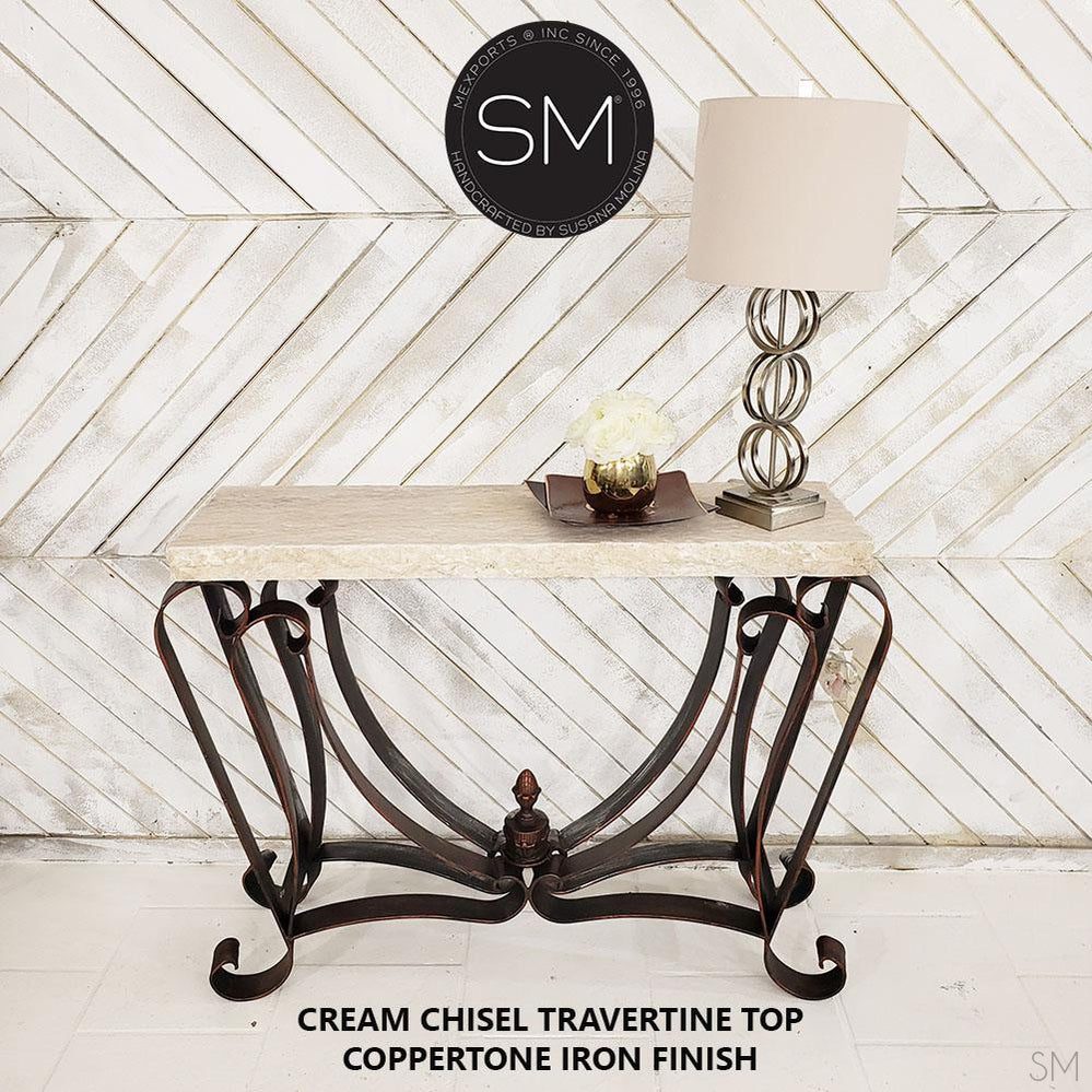 Mexports by Susana Molina 1229FT 44" Cream Travertine Stone Chiseled Edge Rectangular Console Table