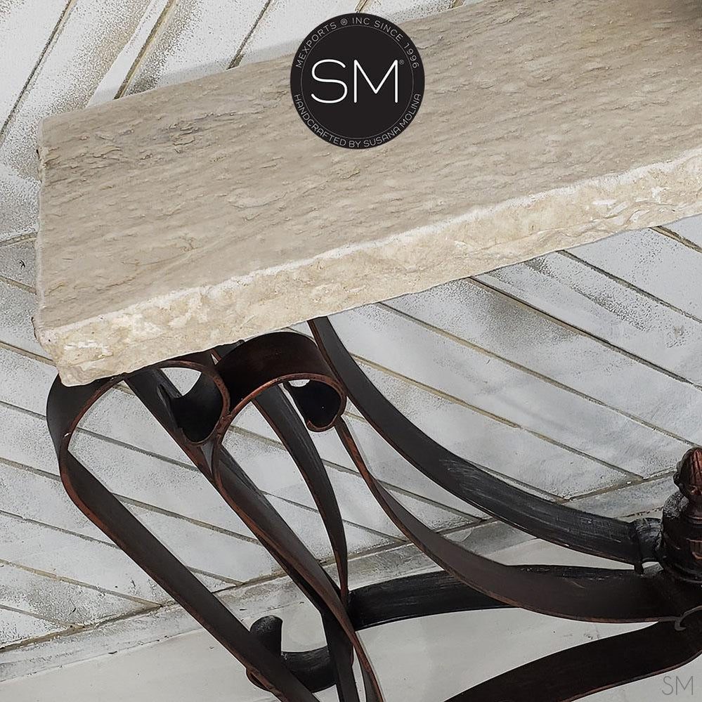 Mexports by Susana Molina 1229FT 44" Cream Travertine Stone Chiseled Edge Rectangular Console Table