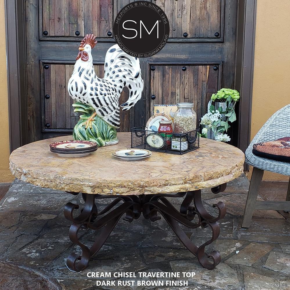 Mexports by Susana Molina 1237AAAT 38" Cream Travertine Top Chisel Edge Round Coffee Table With Iron Base