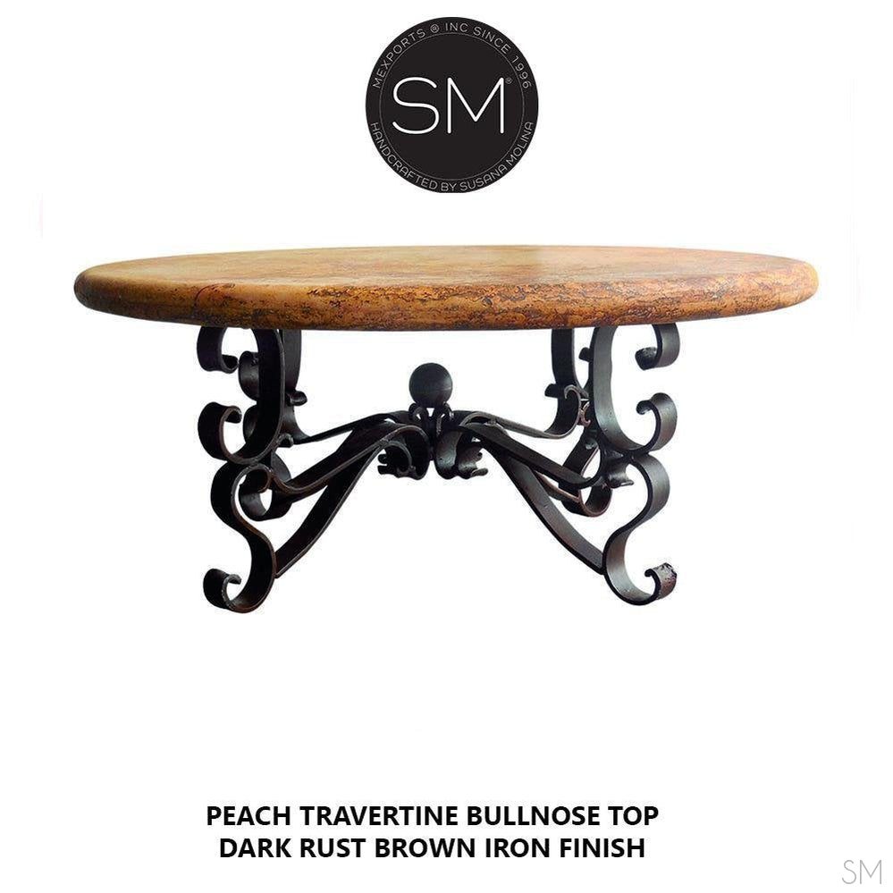 Mexports by Susana Molina 1237AAAT 38" Peach Travertine Top Bullnose Edge Round Coffee Table With Iron Base
