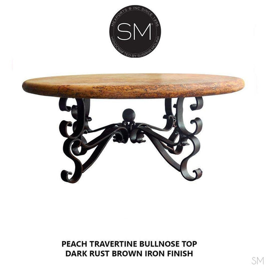 Mexports by Susana Molina 1237AAAT 38" Peach Travertine Top Bullnose Edge Round Coffee Table With Iron Base