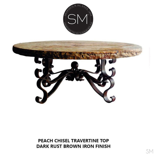Mexports by Susana Molina 1237AAAT 38" Peach Travertine Top Chisel Edge Round Coffee Table With Iron Base