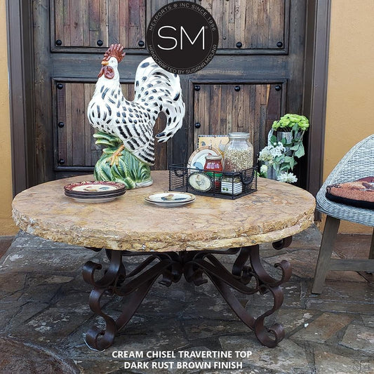Mexports by Susana Molina 1237AAAT 48" Cream Travertine Top Chisel Edge Round Coffee Table With Iron Base