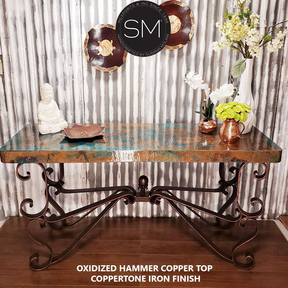 Mexports by Susana Molina 1237CC 72" Oxidized Hammered Copper Rectangular Console Table With Iron Base