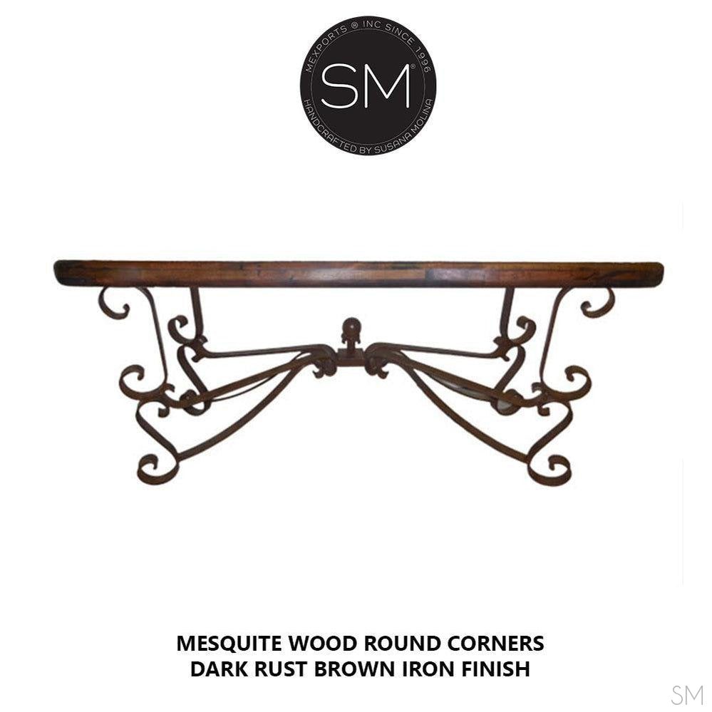 Mexports by Susana Molina 1237CM 72" Mesquite Wood Top Rounded Corners Red Coral Inlay Console Table