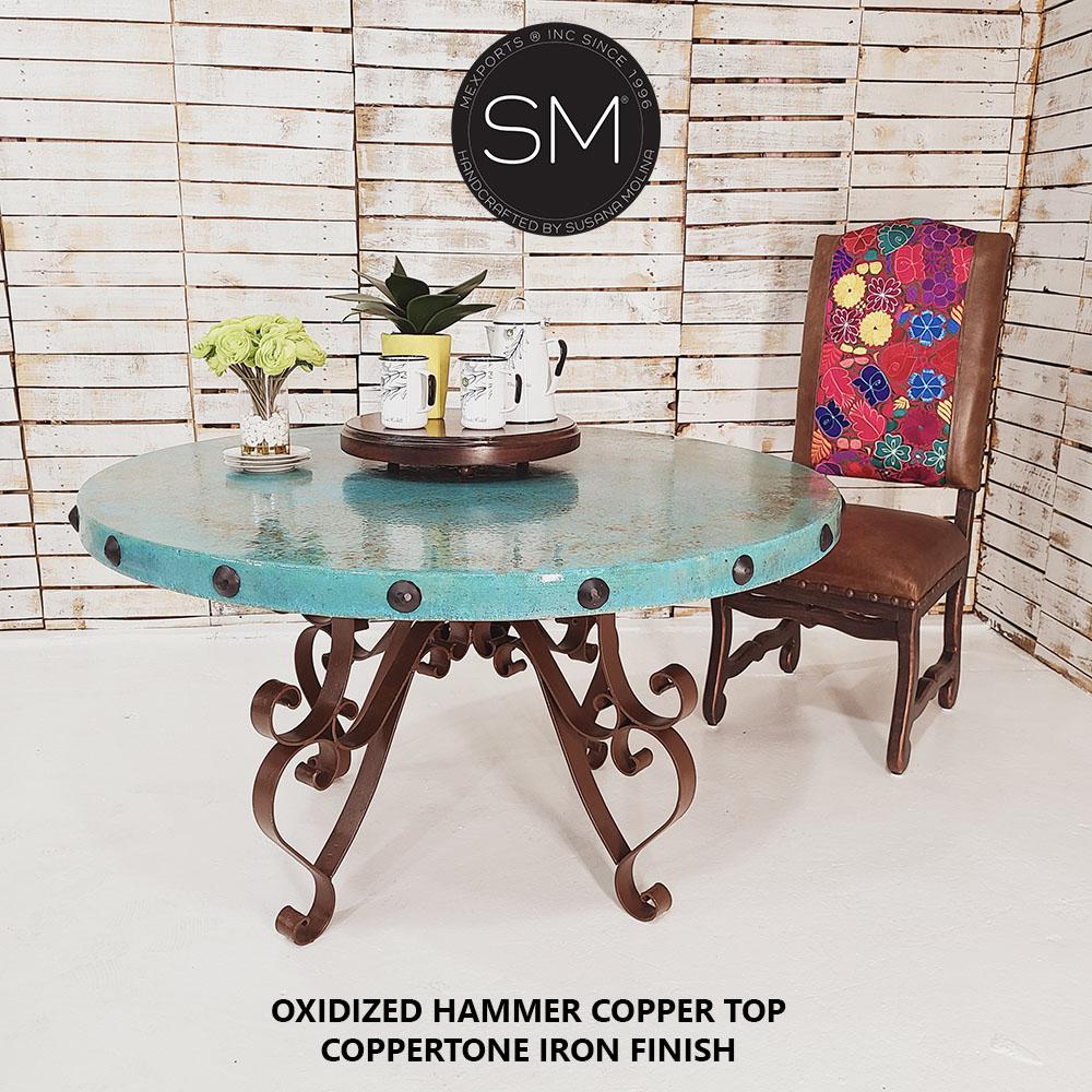 Mexports by Susana Molina 1237DC 60" Oxidized Hammer Copper Top With Nailheads Round Dining Table