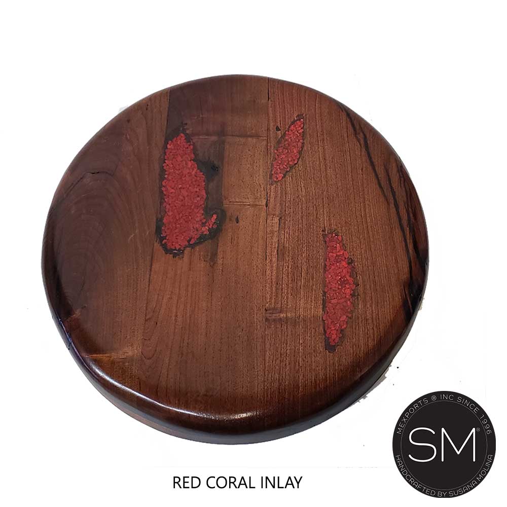 Mexports by Susana Molina 1237LM 31" Mesquite Wood Top Red Coral Inlay Round Side Table