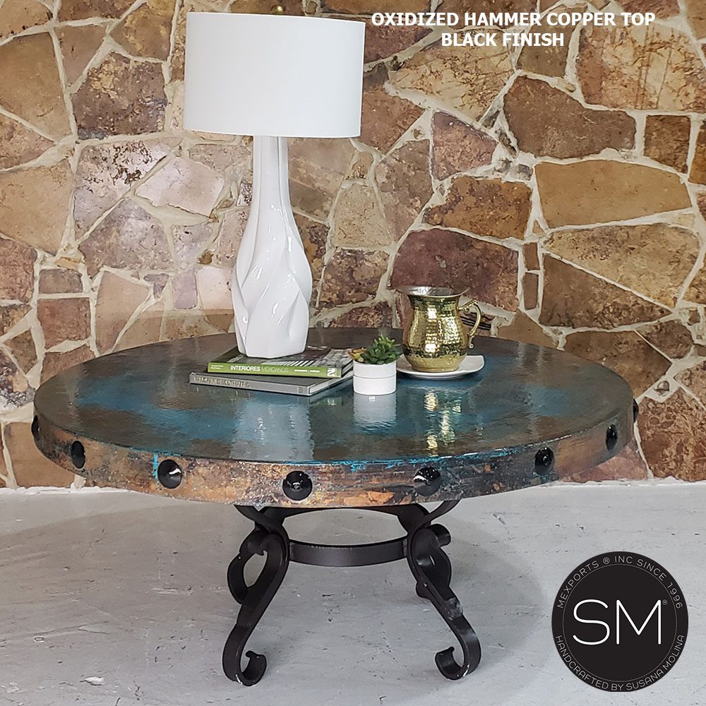 Mexports by Susana Molina 1239AAAC 38" Oxidized Hammered Copper Top With Nailheads on Edge Rustic Round Coffee Table