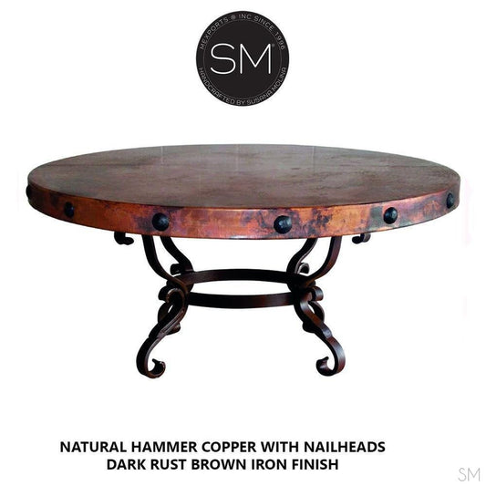 Mexports by Susana Molina 1239AAAC 48" Natural Hammered Copper Top With Nailheads on Edge Rustic Round Coffee Table