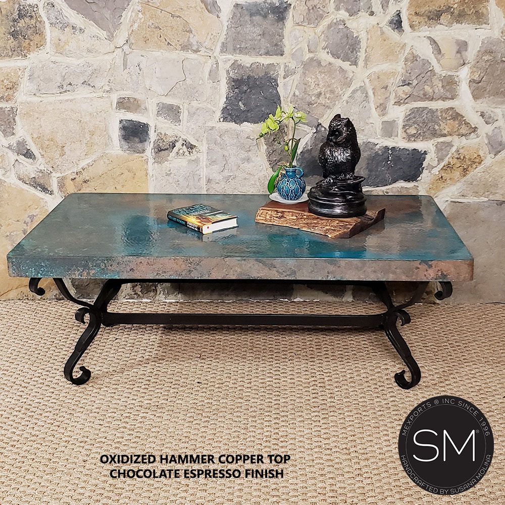 Mexports by Susana Molina 1239AAC 60" Oxidized Hammered Copper Top Rectangular Coffee Table