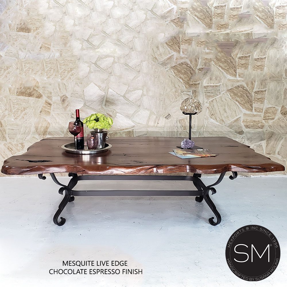 Mexports by Susana Molina 1239AAM 60" Mesquite Wood Top Live Edge Gold Citrine Inlay Rectangular Coffee Table
