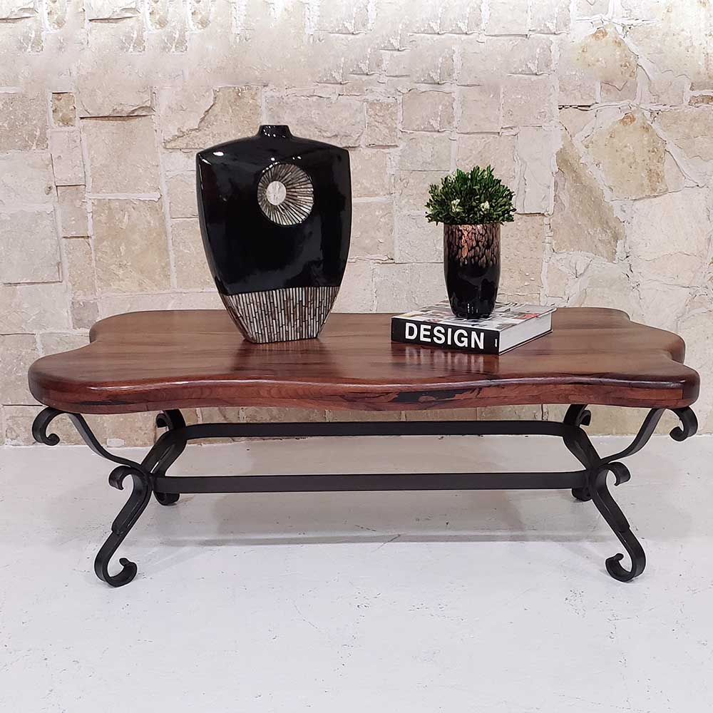 Mexports by Susana Molina 1239AAM 72" Mesquite Wood Top Free Form Hammer Copper Inlay Rectangular Coffee Table
