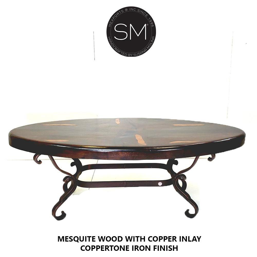 Mexports by Susana Molina 1239AAOM 60" Mesquite Wood Top Hammer Copper Inlay Oval Coffee Table