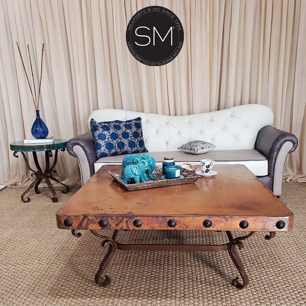 Mexports by Susana Molina 1239AC 48" Natural Hammered Copper Top With Nailheads on Edge Square Coffee Table