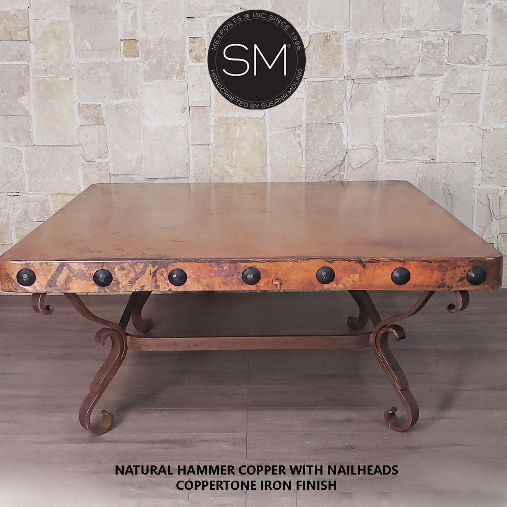 Mexports by Susana Molina 1239AC 48" Natural Hammered Copper Top With Nailheads on Edge Square Coffee Table