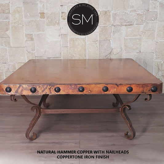 Mexports by Susana Molina 1239AC 48" Natural Hammered Copper Top With Nailheads on Edge Square Coffee Table