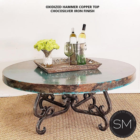 Mexports by Susana Molina 1240AAAC 38" Oxidized Hammered Copper Top Modern Round Coffee Table