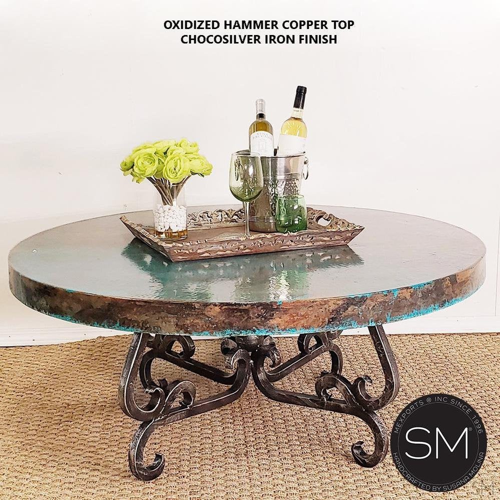Mexports by Susana Molina 1240AAAC 38" Oxidized Hammered Copper Top With Nailheads on Edge Modern Round Coffee Table