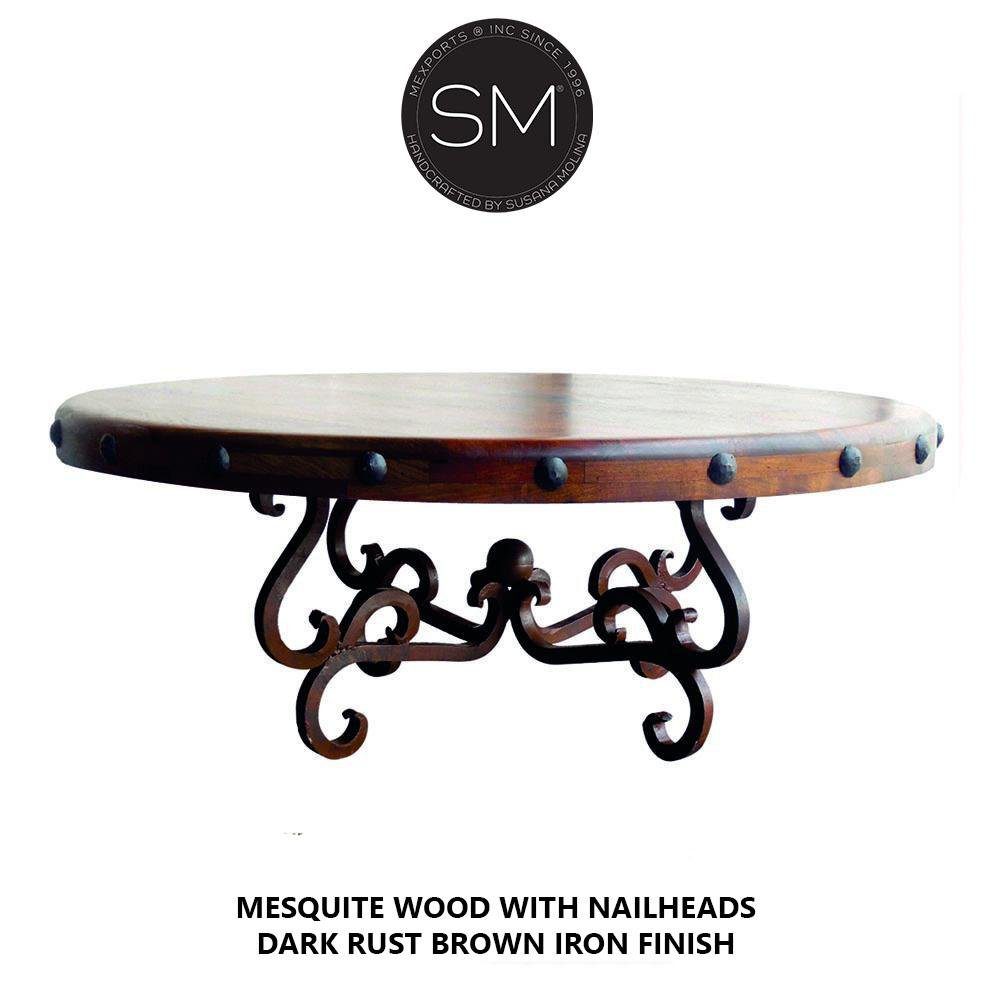 Mexports by Susana Molina 1240AAAM 38" Mesquite Wood Top Turquoise Inlay With Nailheads on Edge Round Coffee Table