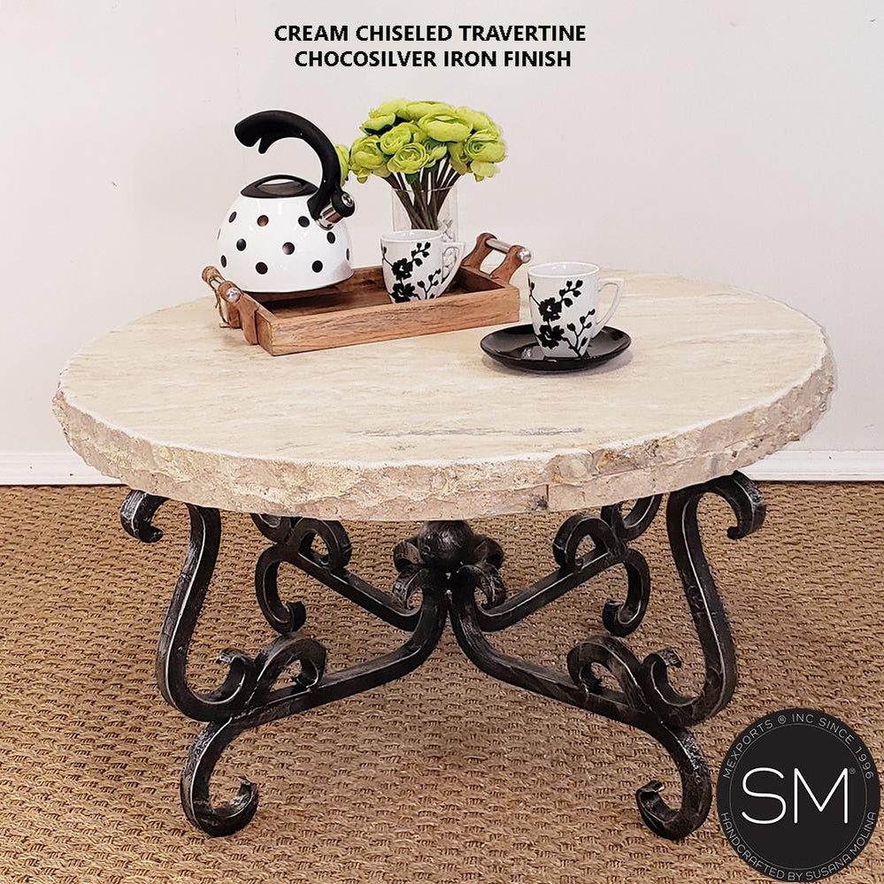 Mexports by Susana Molina 1240AAAT 38" Cream Travertine Top Chisel Edge Round Coffee Table