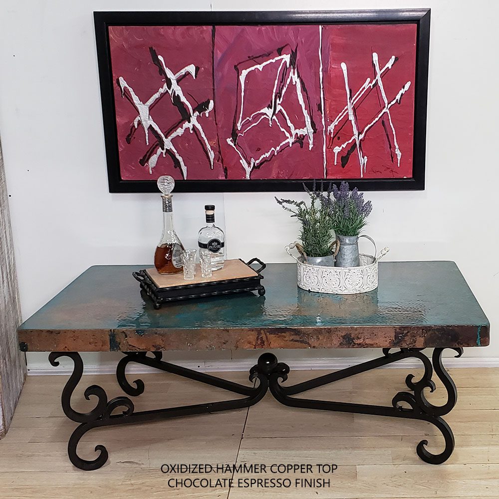 Mexports by Susana Molina 1240AAC 72" Oxidized Hammer Copper Top with Nailheads on Edge Elegant Rectangular Coffee Table