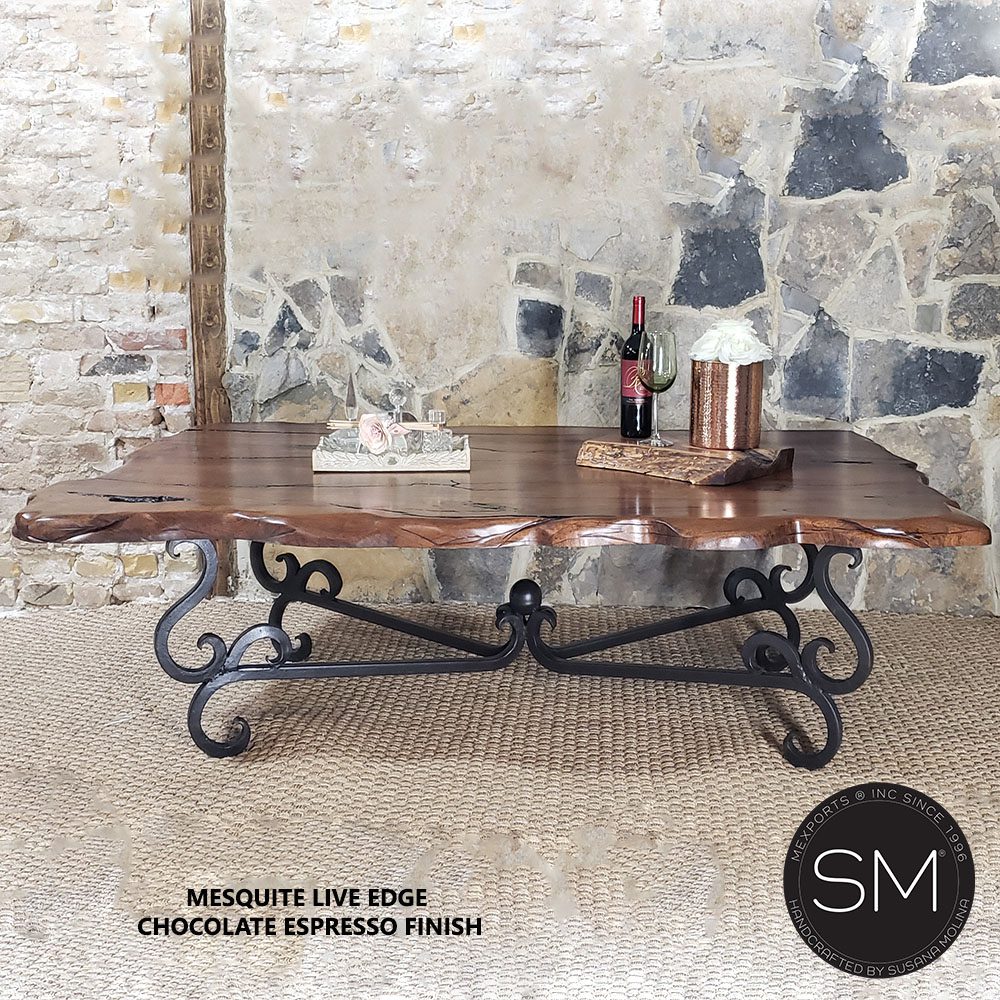 Mexports by Susana Molina 1240AAM 60" Mesquite Wood Top Live Edge Turquoise Inlay Rectangular Coffee Table