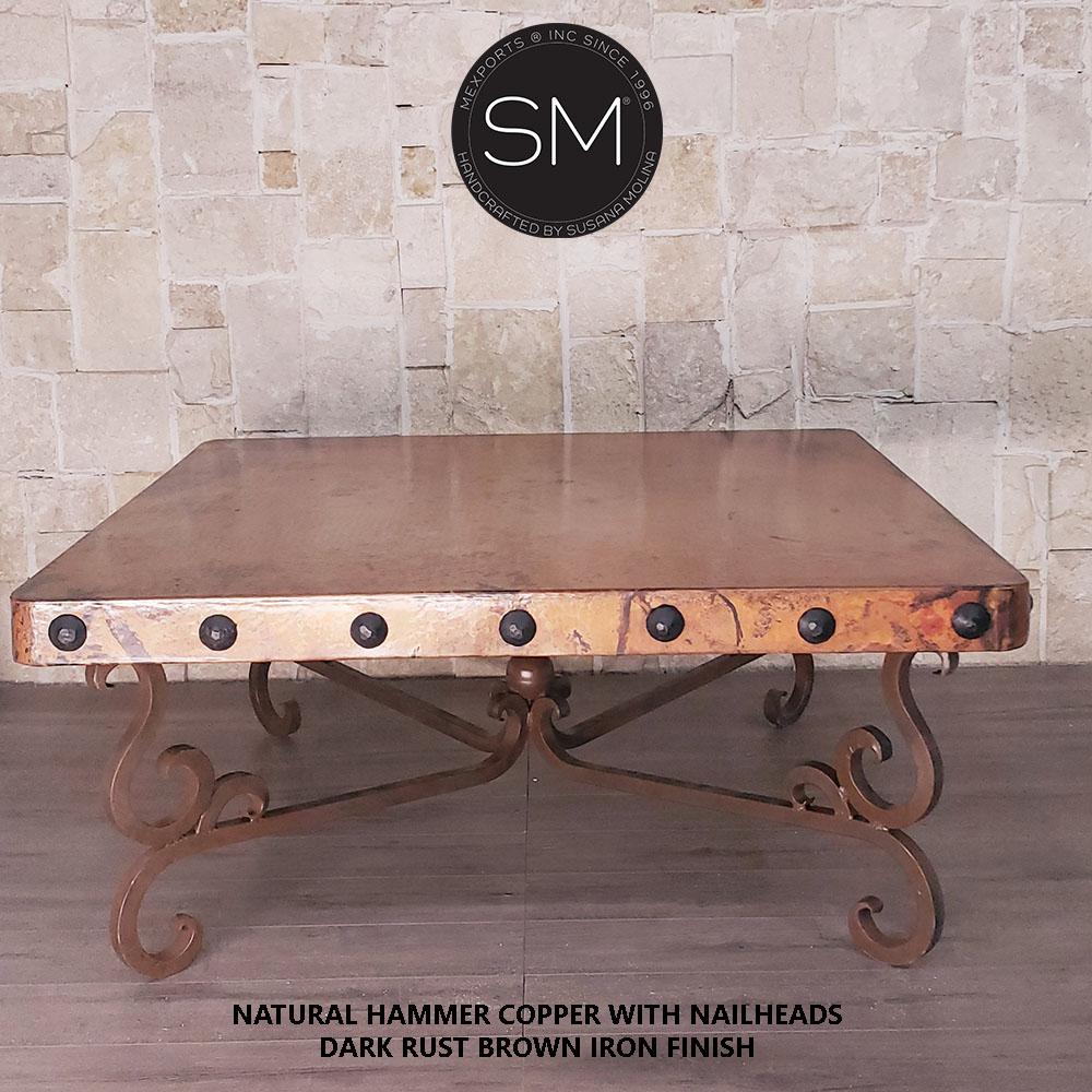 Mexports by Susana Molina 1240AC 48" Oxidized Hammer Copper Top With Nailheads on Edge Elegant and Timeless Square Coffee Table