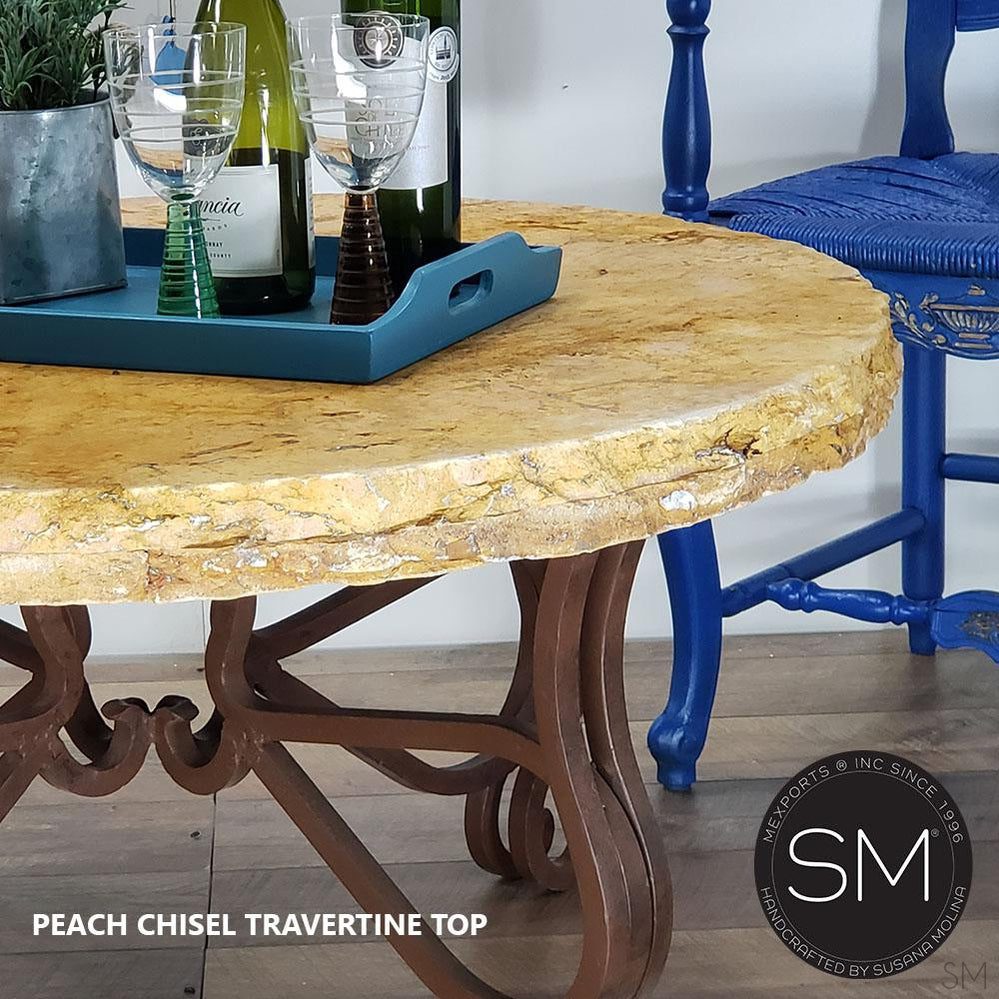Mexports by Susana Molina 1242AAAT 38" Peach Travertine Top Chisel Edge Rustic Farmhouse Round Coffee Table