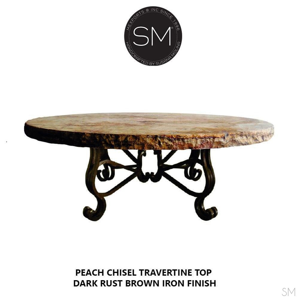 Mexports by Susana Molina 1242AAAT 38" Peach Travertine Top Chisel Edge Rustic Farmhouse Round Coffee Table