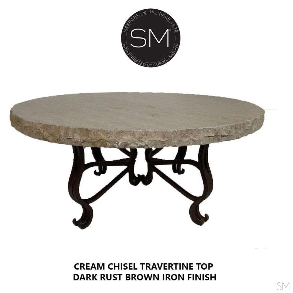 Mexports by Susana Molina 1242AAAT 48" Cream Travertine Top Chisel Edge Rustic Farmhouse Round Coffee Table
