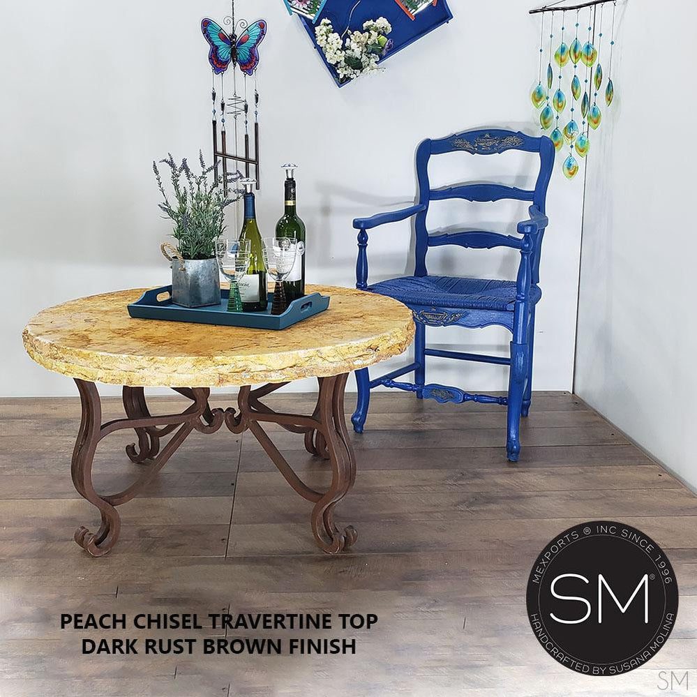Mexports by Susana Molina 1242AAAT 48" Peach Travertine Top Chisel Edge Rustic Farmhouse Round Coffee Table
