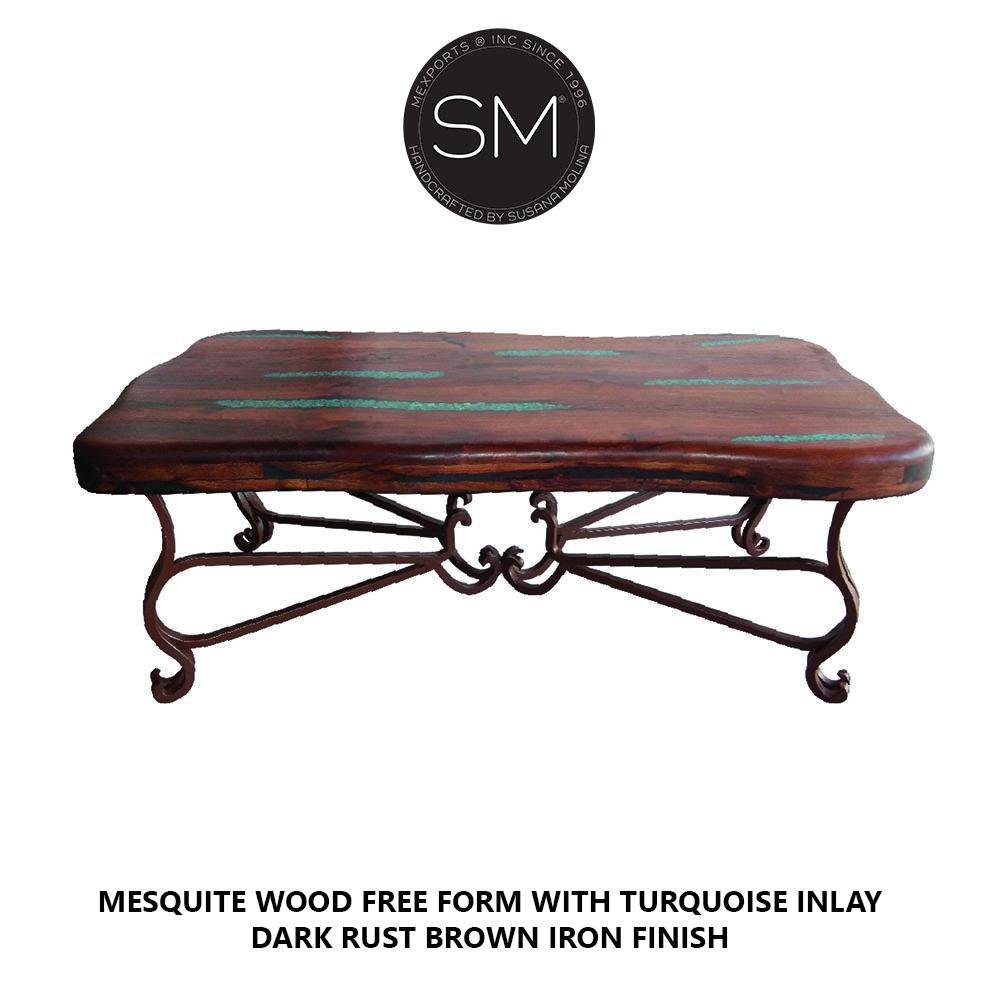 Mexports by Susana Molina 1242AAM 60" Mesquite Wood Top Free Form Edge Turquoise Inlay Rectangular Coffee Table