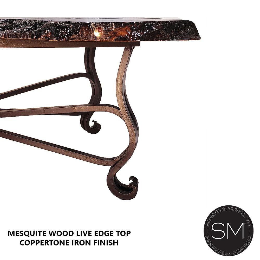 Mexports by Susana Molina 1242AAM 60" Mesquite Wood Top Live Edge Hammer Copper Inlay Rectangular Coffee Table