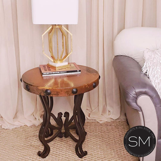 Mexports by Susana Molina 1242BBC 24" Natural Hammered Copper Top With Nailheads on Edge Round Side Table