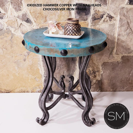 Mexports by Susana Molina 1242BBC 24" Oxidized Hammered Copper Top With Nailheads on Edge Round Side Table