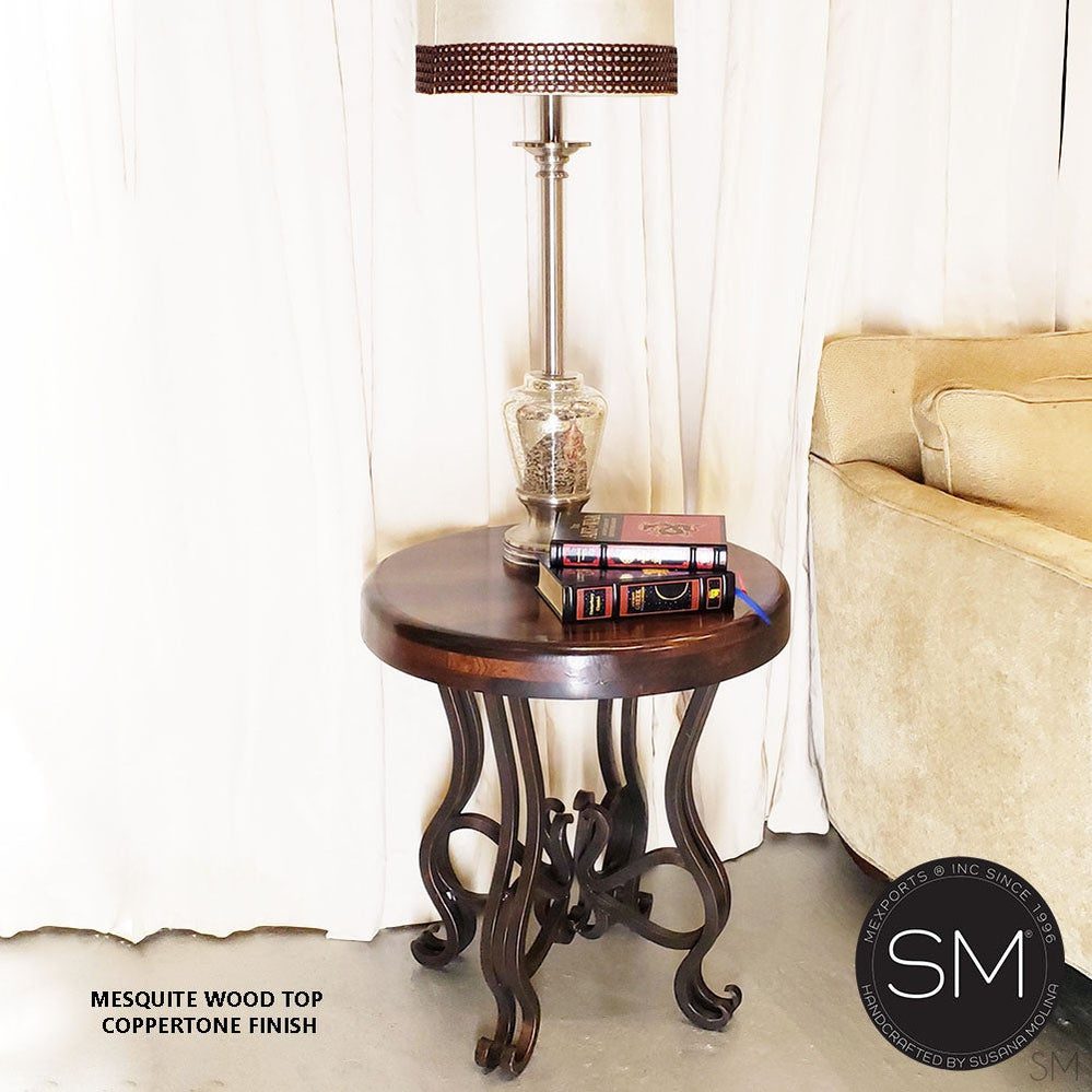 Mexports by Susana Molina 1242BBM 24" Mesquite Wood Top Hammer Copper Inlay Round Side Table