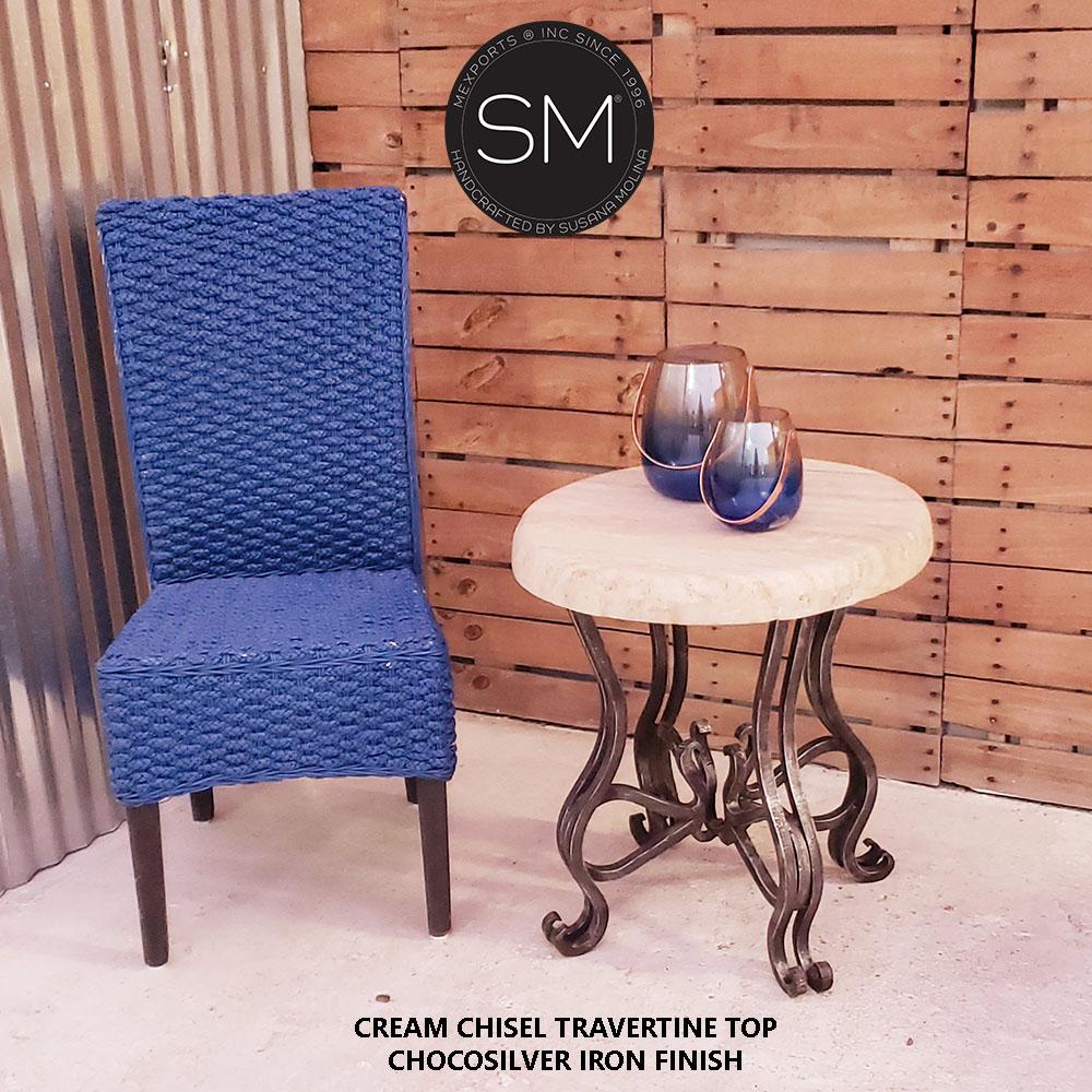 Mexports by Susana Molina 1242BBT 24" Cream Travertine Bullnose Edge Round Side Table With Iron Legs