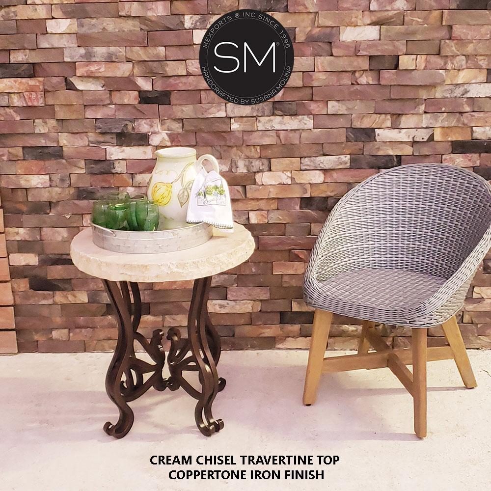Mexports by Susana Molina 1242BBT 24" Cream Travertine Chisel Edge Round Side Table With Iron Legs