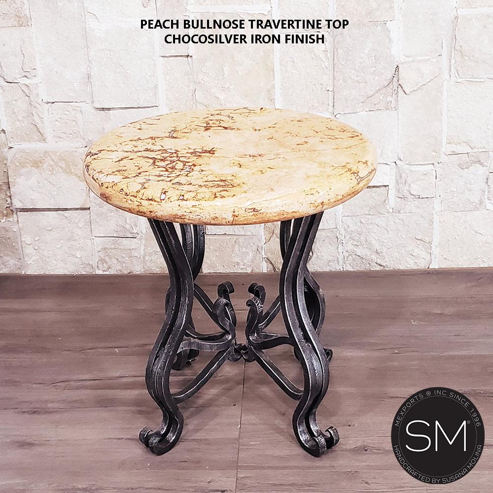 Mexports by Susana Molina 1242BBT 24" Peach Travertine Bullnose Edge Round Side Table With Iron Legs