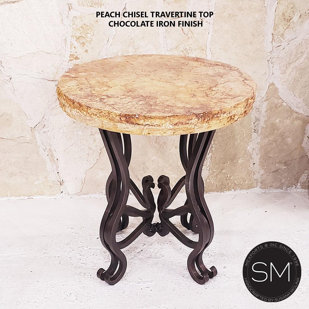 Mexports by Susana Molina 1242BBT 24" Peach Travertine Chisel Edge Round Side Table With Iron Legs