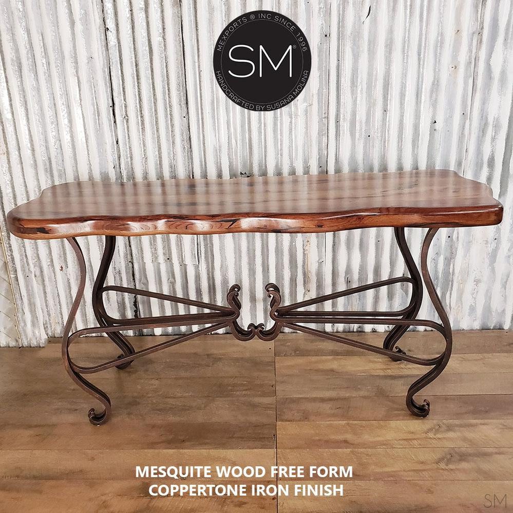 Mexports by Susana Molina 1242CM 72" Mesquite Wood Top Free Form Edge No Inlay Console Table With Iron Base